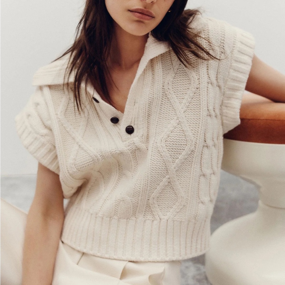 Shona Joy Mercury Button Up Cable Vest in Bone